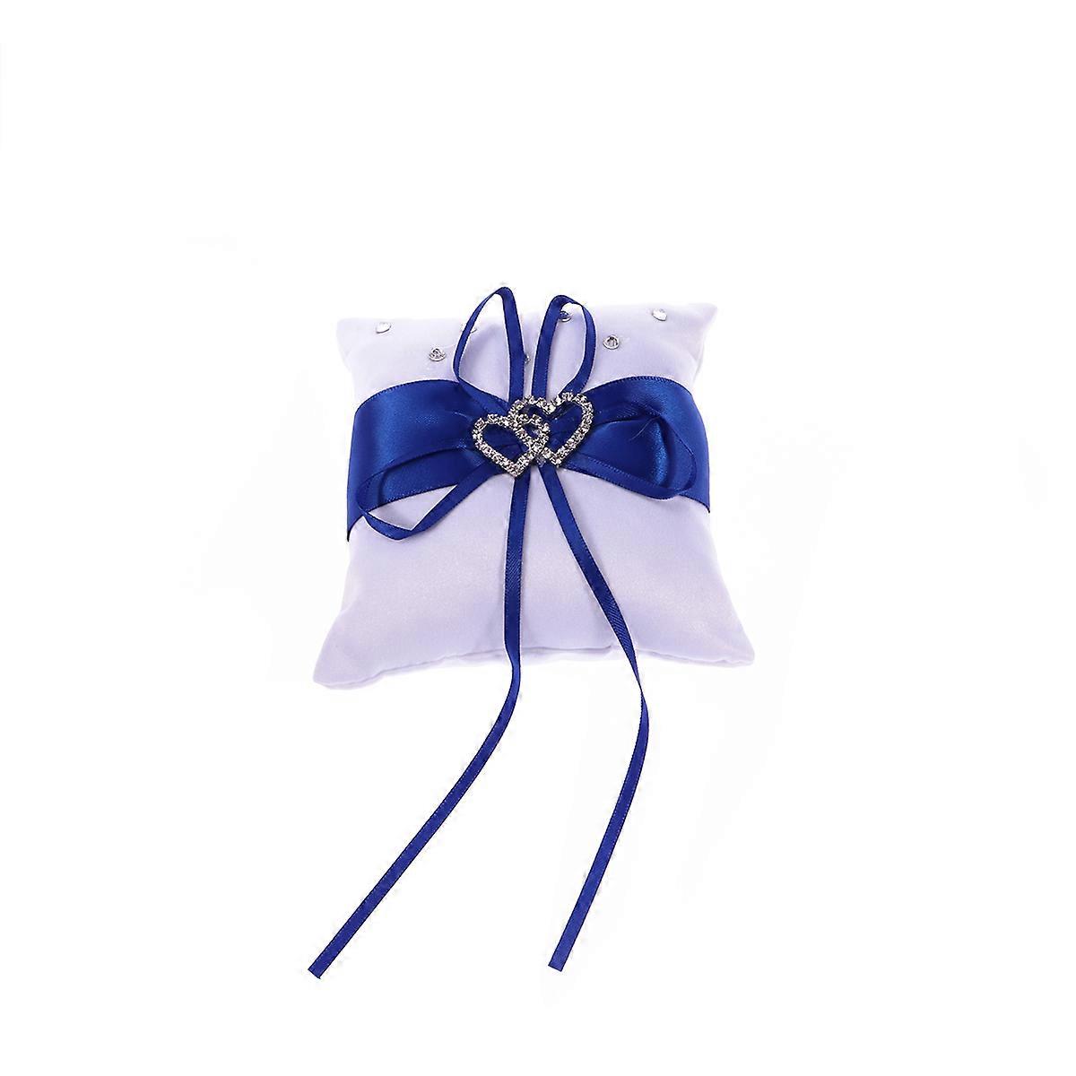10x10cm Double Heart Bridal Wedding Ceremony Pocket Ring Bearer Pillow Cushion With Satin Ribbons (Blue)