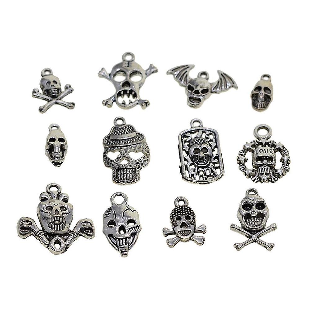 12 Assorted Tibetan Silver Hot Punk Halloween Skull Skeleton Diy Charms