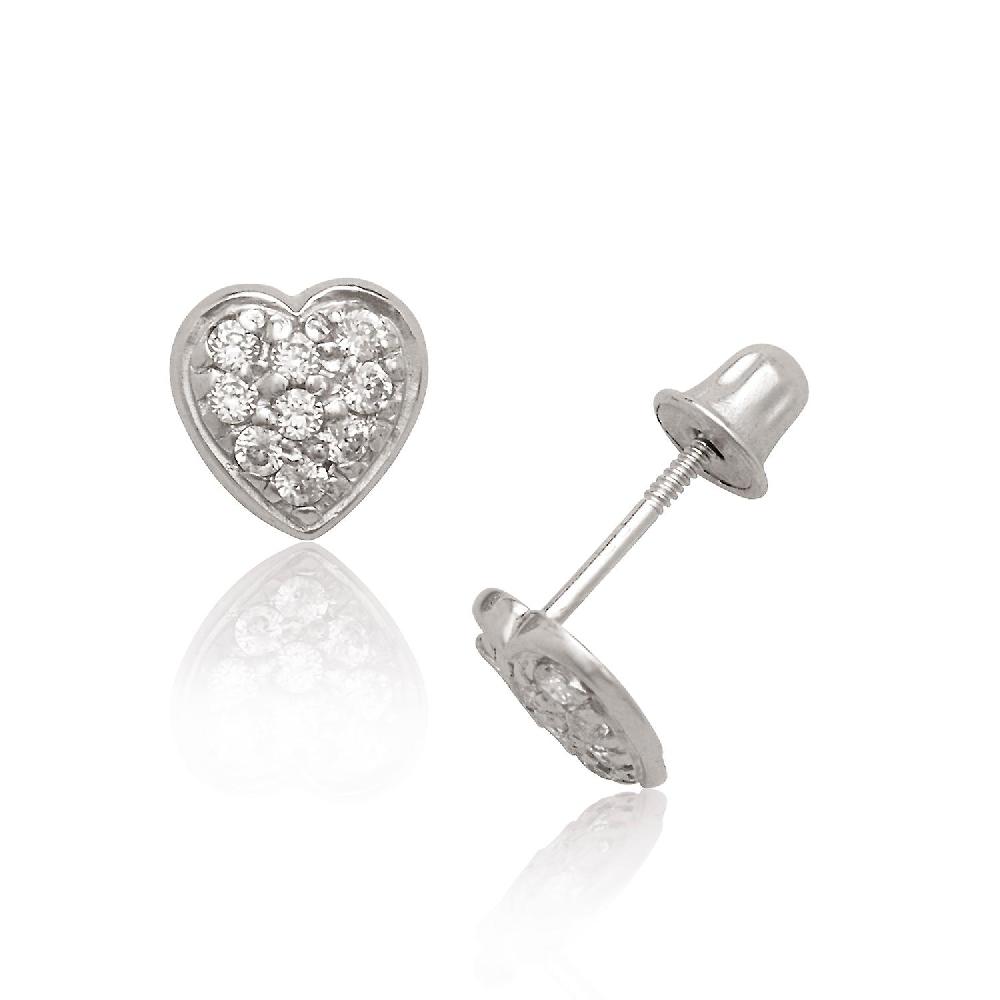 14k White Gold CZ Cubic Zirconia Simulated Diamond Medium Love Heart Screw Back Earrings Measures 6x6mm - Earring For Wo