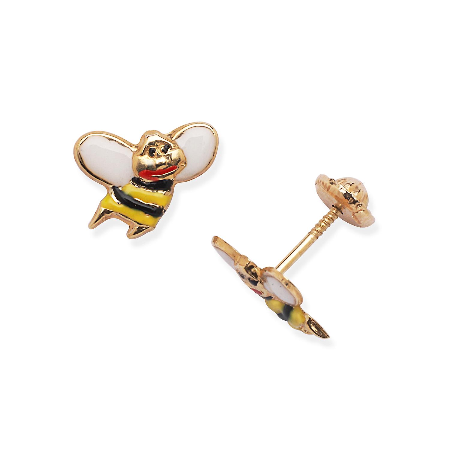 14k Yellow Gold Enamel Screw Back Bees Earrings Measures 10x10mm - Earring for Women