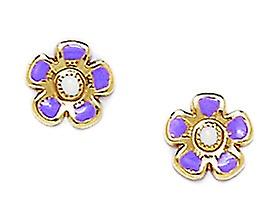 14k Yellow Gold Enamel Screw Back Purple Flower Earrings Measures 8x8mm - Earring for Women