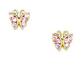 14k Yellow Gold Pink CZ Cubic Zirconia Simulated Diamond Butterfly Angel Wings Screw Back Earrings Measures 6x6mm - Earr