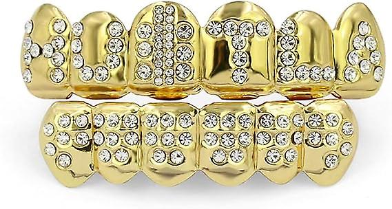 18k Plated Gold Grills Teeth Grillz Iced Out Hip Hop Poker Diamond Top Bottom Face Grills For Teeth Rapper Costume Cosplay