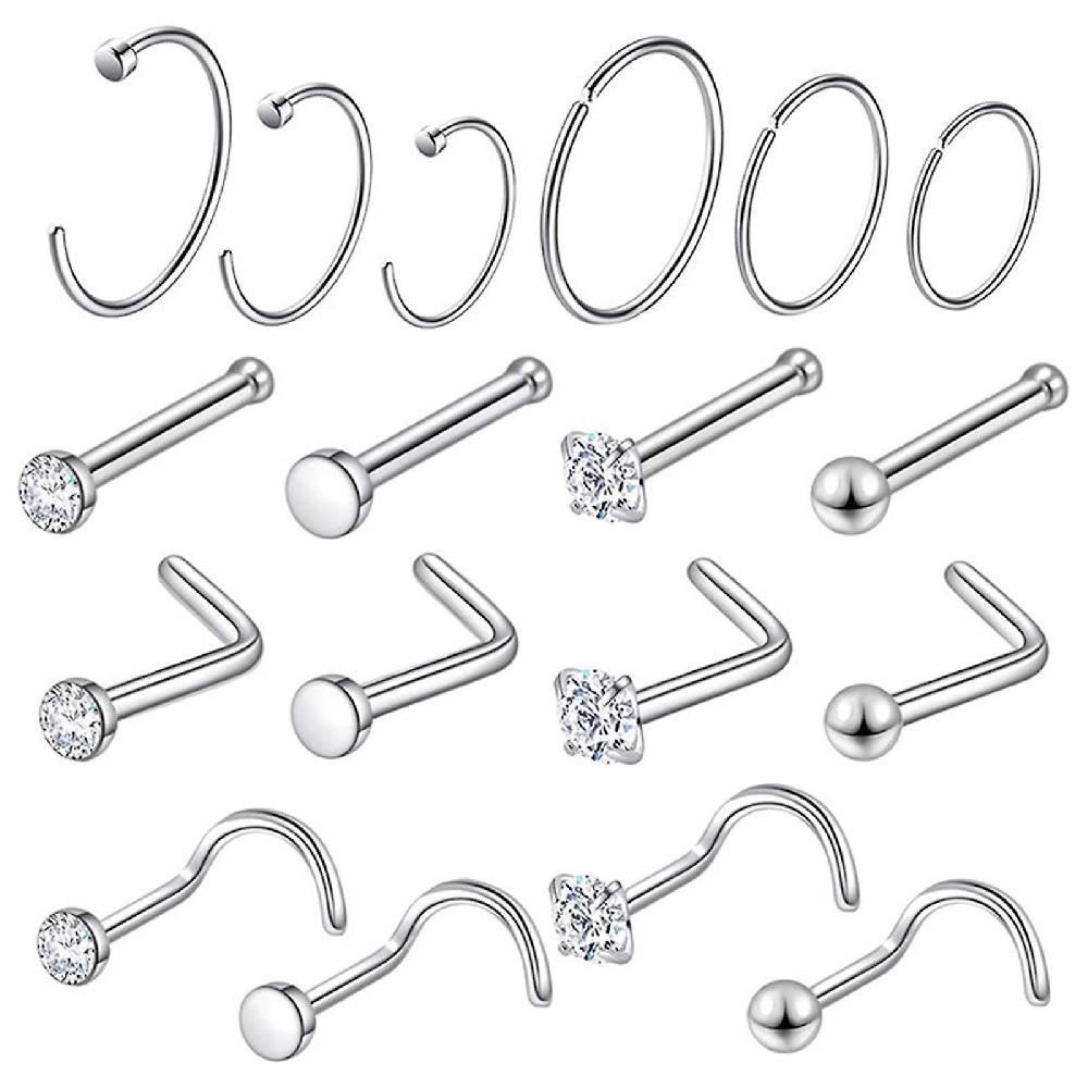18x Nose Rings Set Diamond L Shape Screw Nose Hoops Stainless Steel 20g