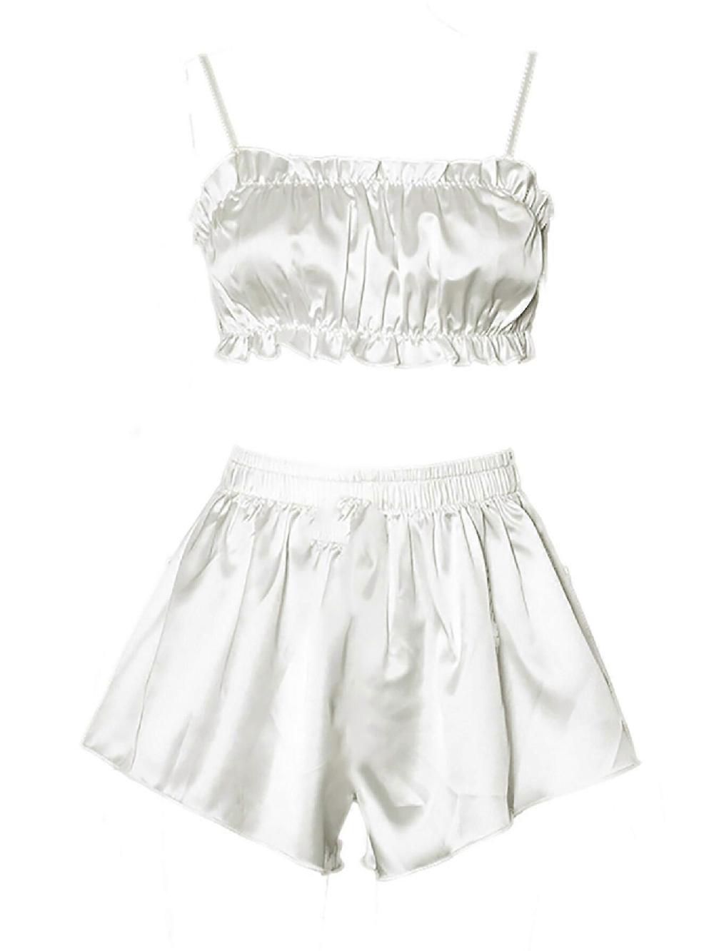 2 Piece Pajamas Set for Women White Sexy Lace Sling Crop Top Shorts Sleepwear Lounge Set L
