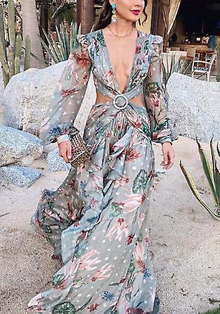 2022 Retro Floral Print Bikini Cover-up Sexy Cross Open Back Long Sleeve Summer Dress Women Beach Wear Costume da bagno Cover Up A858a-1