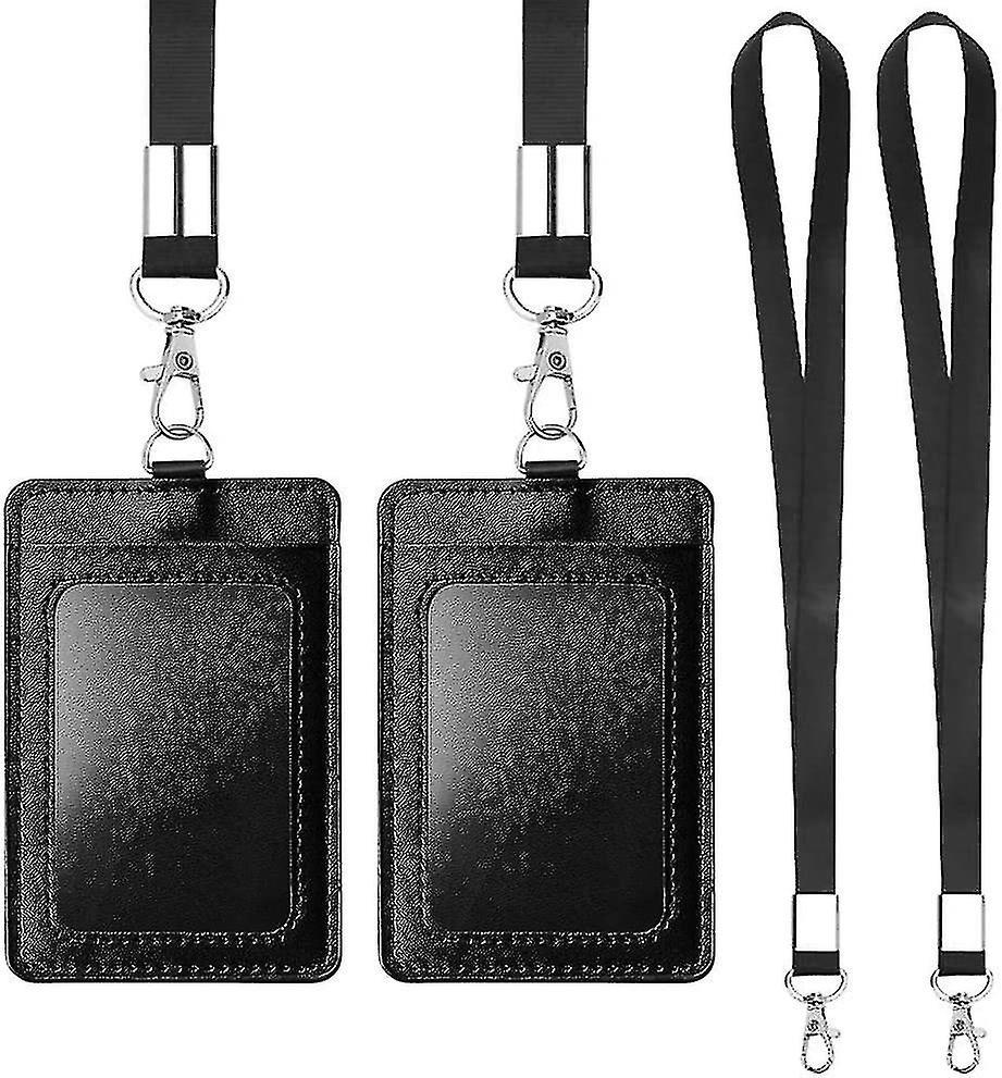 2pcs Badge Holders Vertical Pu Leather Id Badge Card Holders With Clear Id Window And Detachable Neck Lanyard