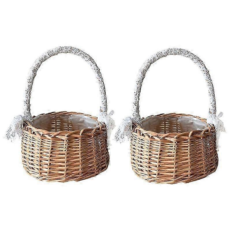 2PCS Woven Storage Basket With Handle Wedding Flower Girl Baskets Wicker Rattan Flower Baskets For