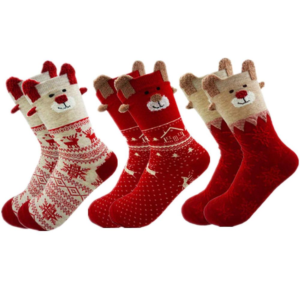 3 Pairs Christmas Socks Ladies Winter Warm Girls Christmas Socks Reindeer Snowflake Socks Xmas Gift For Women