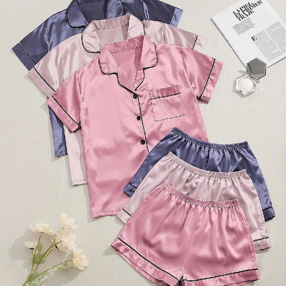 3 Set Pigiama In Raso Set A Maniche Corte Con Rever E Pantaloncini Elastici In Vita Donna S Pigiameria E Loungewear