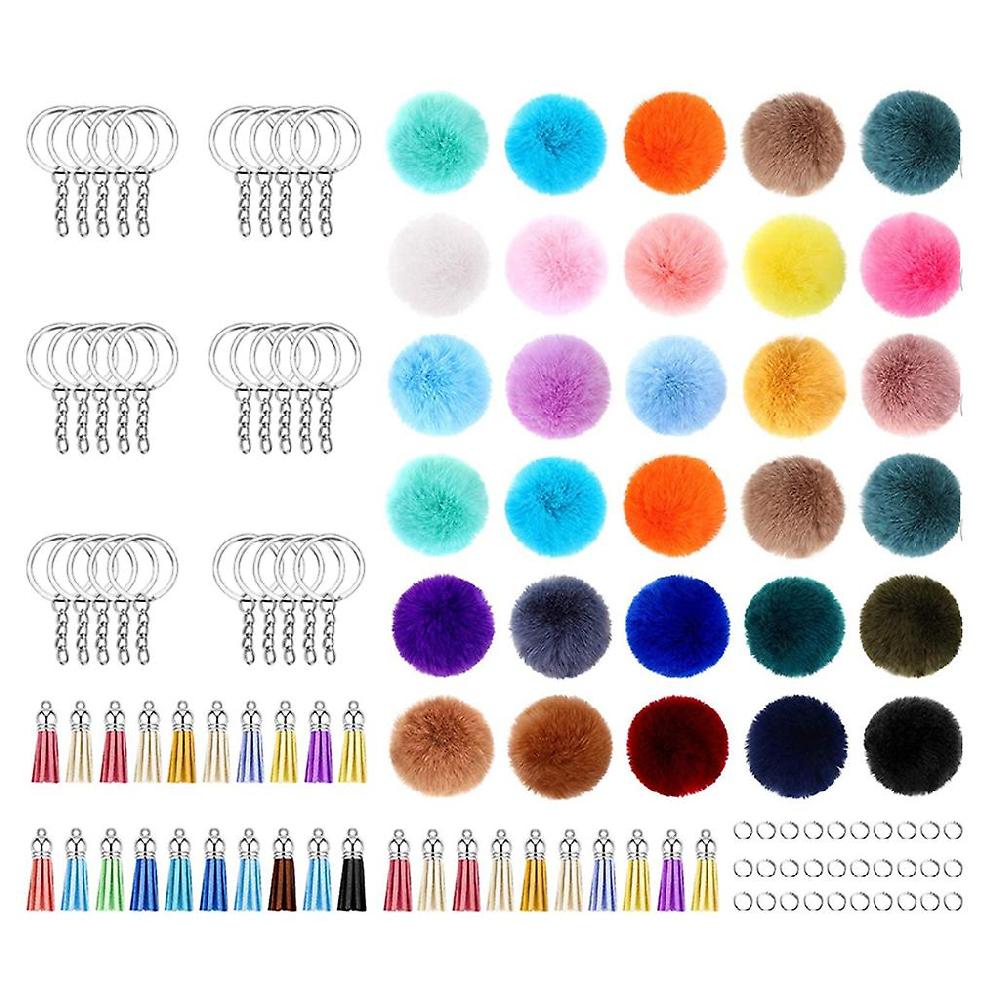 30 Pieces Pom Poms Fur Ball With 30 Pieces Keychain And 30 Pieces Tassels