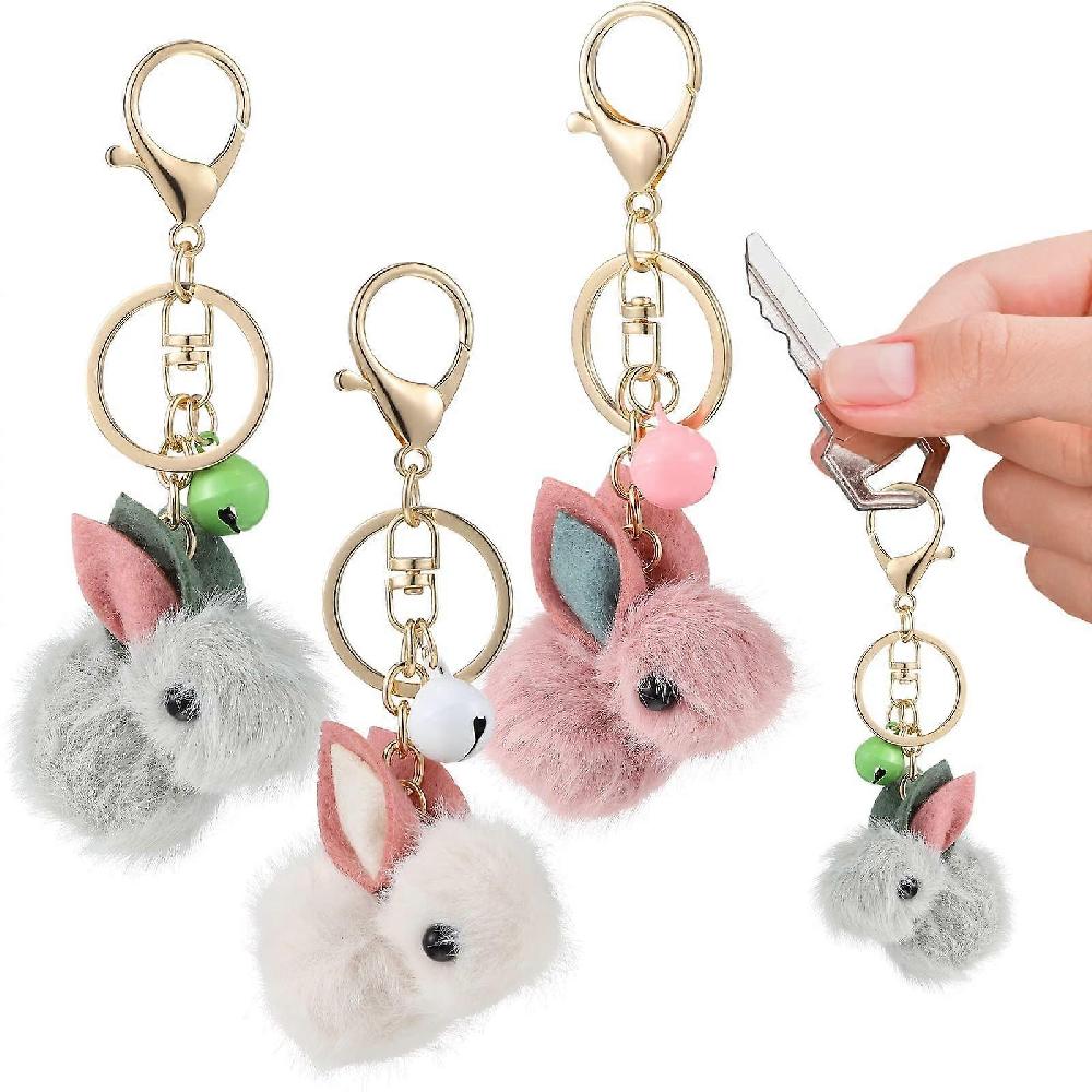3Pcs Easter Rabbit Keychain Faux Fur Bunny Pom Pom Bag Pendant Plush Rabbit Keyring Key Holder Car Hanging