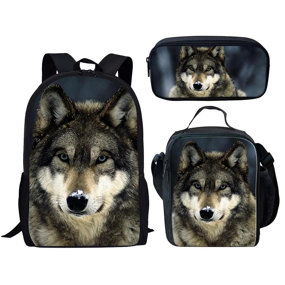 3pcs / set Zaino scolastico Animal Wolf Casual Satchel con borsa per pranzo e borsa a matita