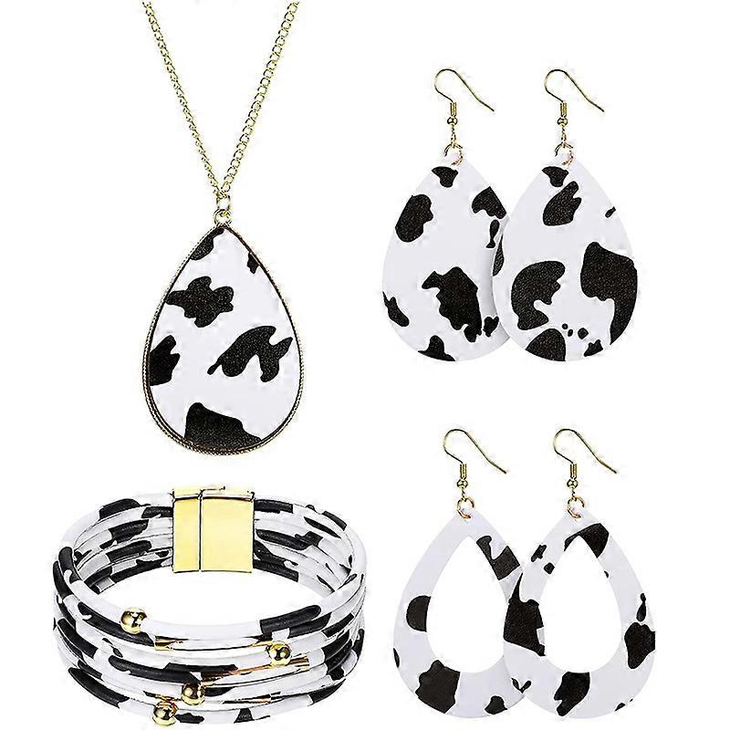 4 Pcs Cow Print Jewelry Set Cow Print Accessories For Women Cow Print Earrings Pendant Necklace Black And White Multi Layer Bracelet