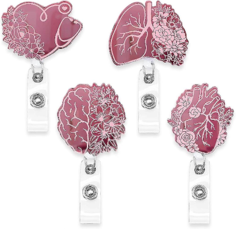 4 Pcs Halloween Retractable Badge Reels Holders With Alligator Clip Pink Organ Heart Brain Patterns For Nurse Student Teacher Gift