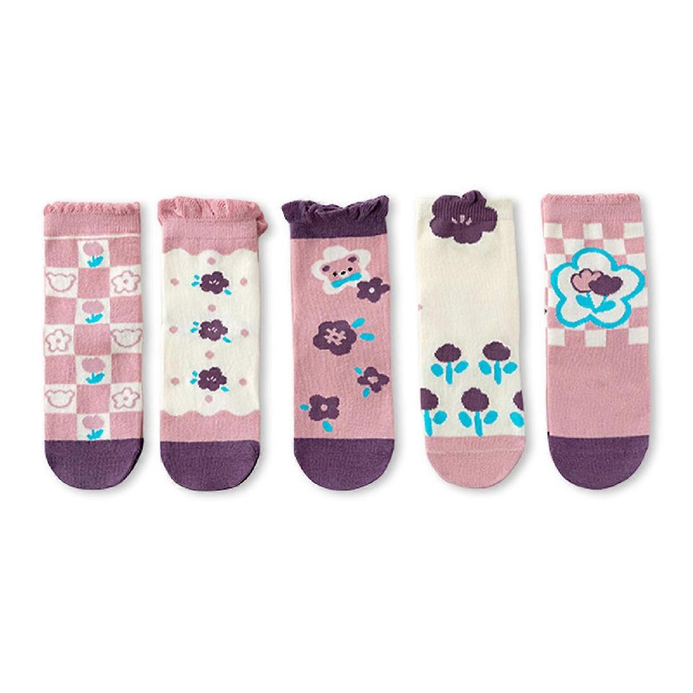5 Pairs Baby Girls Crew Socks Flower Pattern Ruffle Trim Soft Cotton Infant Socks for Autumn Purple S (13 Years Old)
