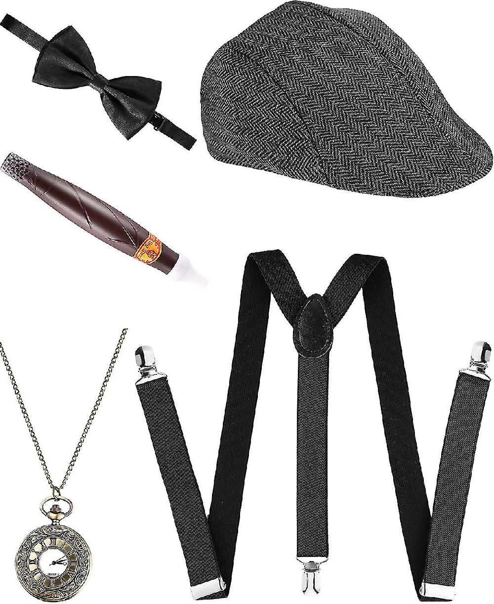 5 Piece Mens 1920s Gatsby Gangster Costume Accessories Set 30s Manhattan Gangster Beret Y-back Suspender