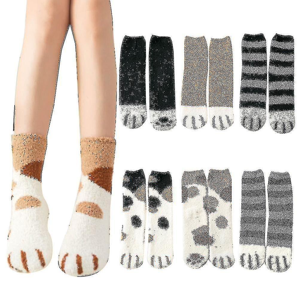 6 Pairs Cat Paw Fluffy Socks Women Cat Socks Fuzzy Cosy Warm Slipper Socks Animal Bed Socks