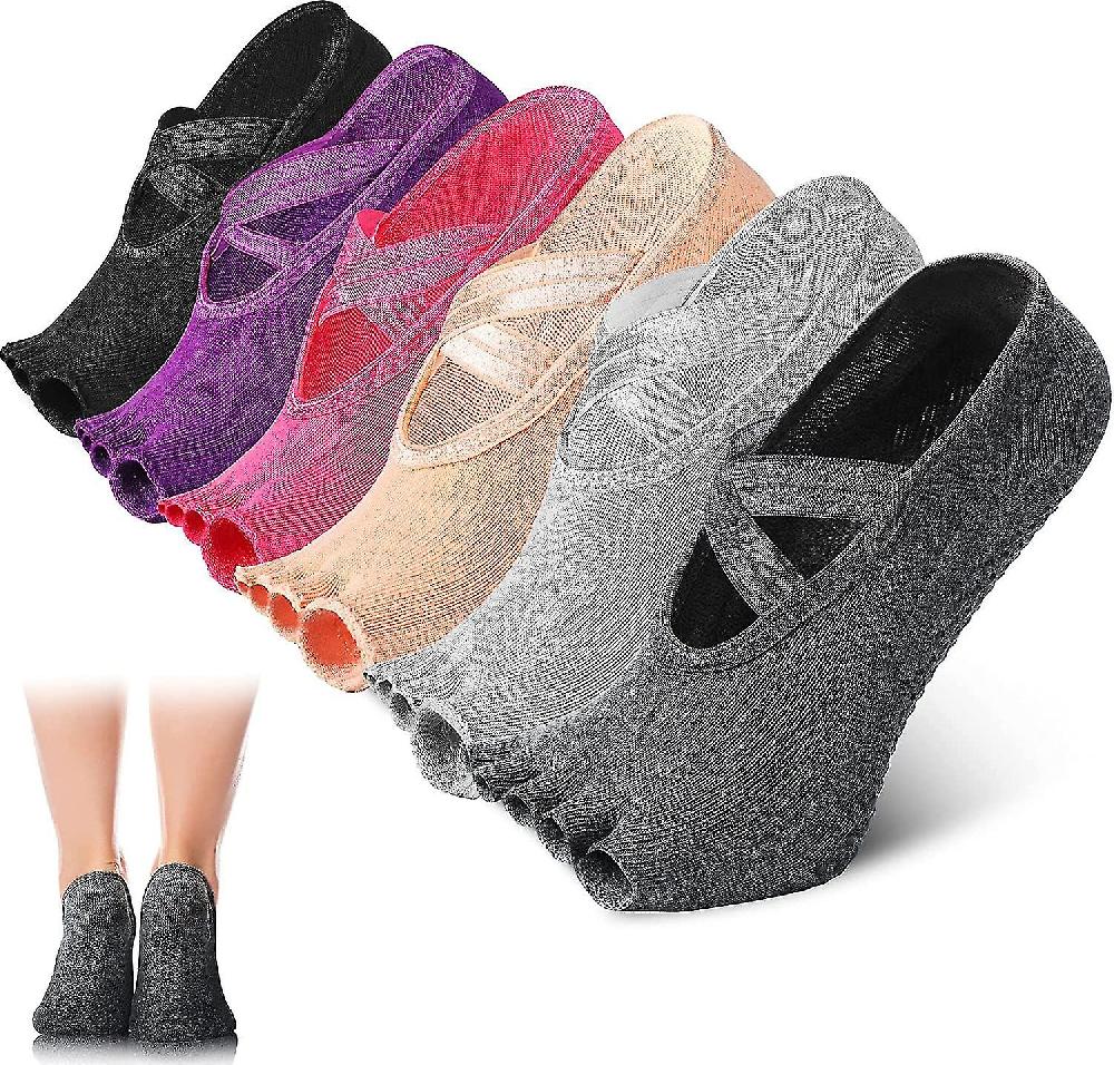6 Pairs Yoga Socks Toeless Pilates Barre Ballet Socks Half-toe Grip Socks Multicolor Elastic Workout Socks For Women Pink Dark Purple Beige