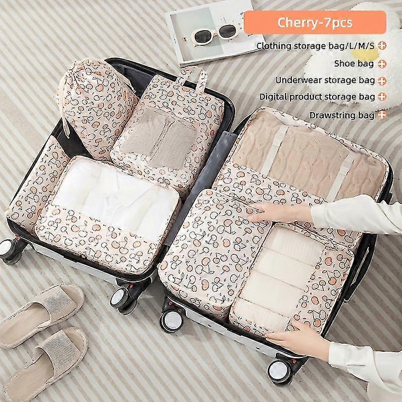 7pcs Vibrant Fruit Print Travel Packing Cubes Set - Ultra- Lightweight Mesh Organizer Bags For Clothes Underwear & Shoes - Effortless Packing And Pe