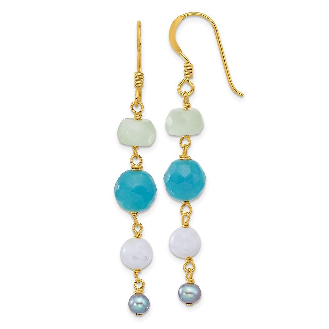 925 Sterling Silver Gold Plated Freshwater Cultured Pearl Amazonite Agate Dyed Jade Earrings Measures 58x8.35mm Wide - E