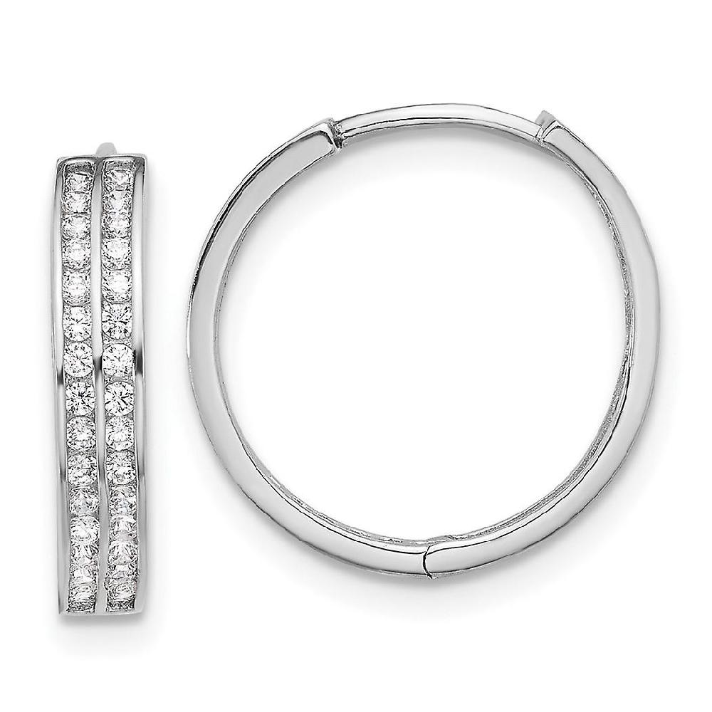925 Sterling Silver Rhodium Plated 2 Row CZ Cubic Zirconia Simulated Diamond Hinged Hoop Earrings Measures 17x17.4mm Wid