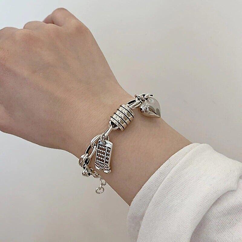925 Sterling Silver Woman Girls Thick Chain Bracelet Heart Tassel Bangle Jewelry