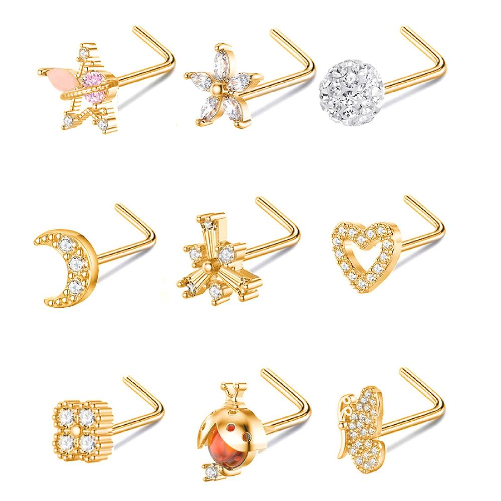 9pcs Golden Stainless Steel L Shape Nose Studs Set with Shiny Zircon Decoration