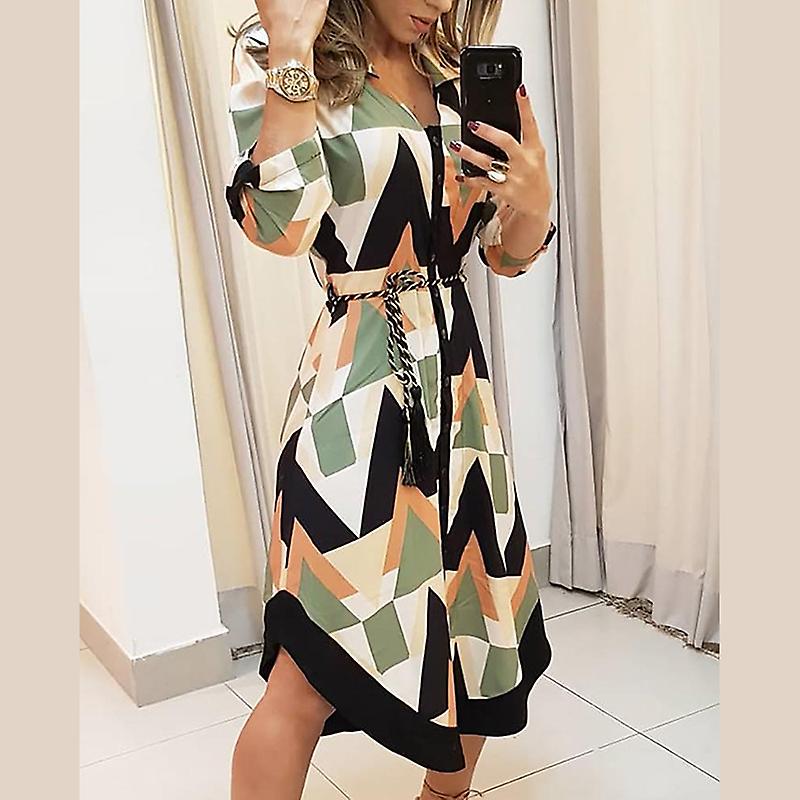 Abito Chemisier A Stampa Geometrica Da Donna A Maniche Lunghe Orlo Irregolare Da Donna Con Collo A Bavero Abito Midi In Vita Tie Lace Up Dresses Nuovo