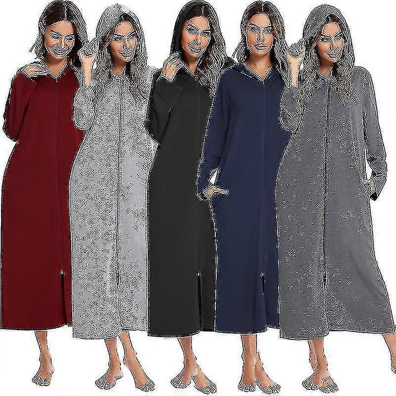 Accappatoio Con Cappuccio Lungo Da Donna Con Cerniera Fino Spolverino A Tutta Lunghezza Solid Pocket Housecoat Pigiama