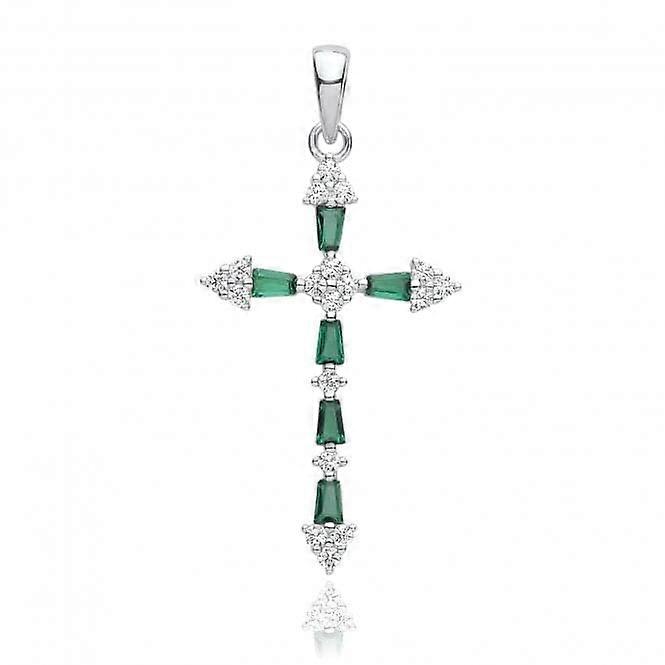 Acotis Silver Jewellery Rhodium Plated Zirconia Cross Pendant Green G61131E