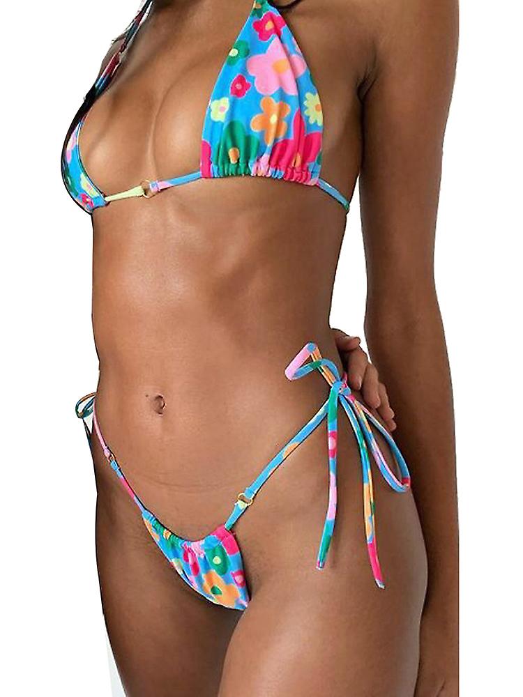 Adjustable Thong Bikini Swimsuit With Drawstring Flowers And Hollow Metal Buckle Design