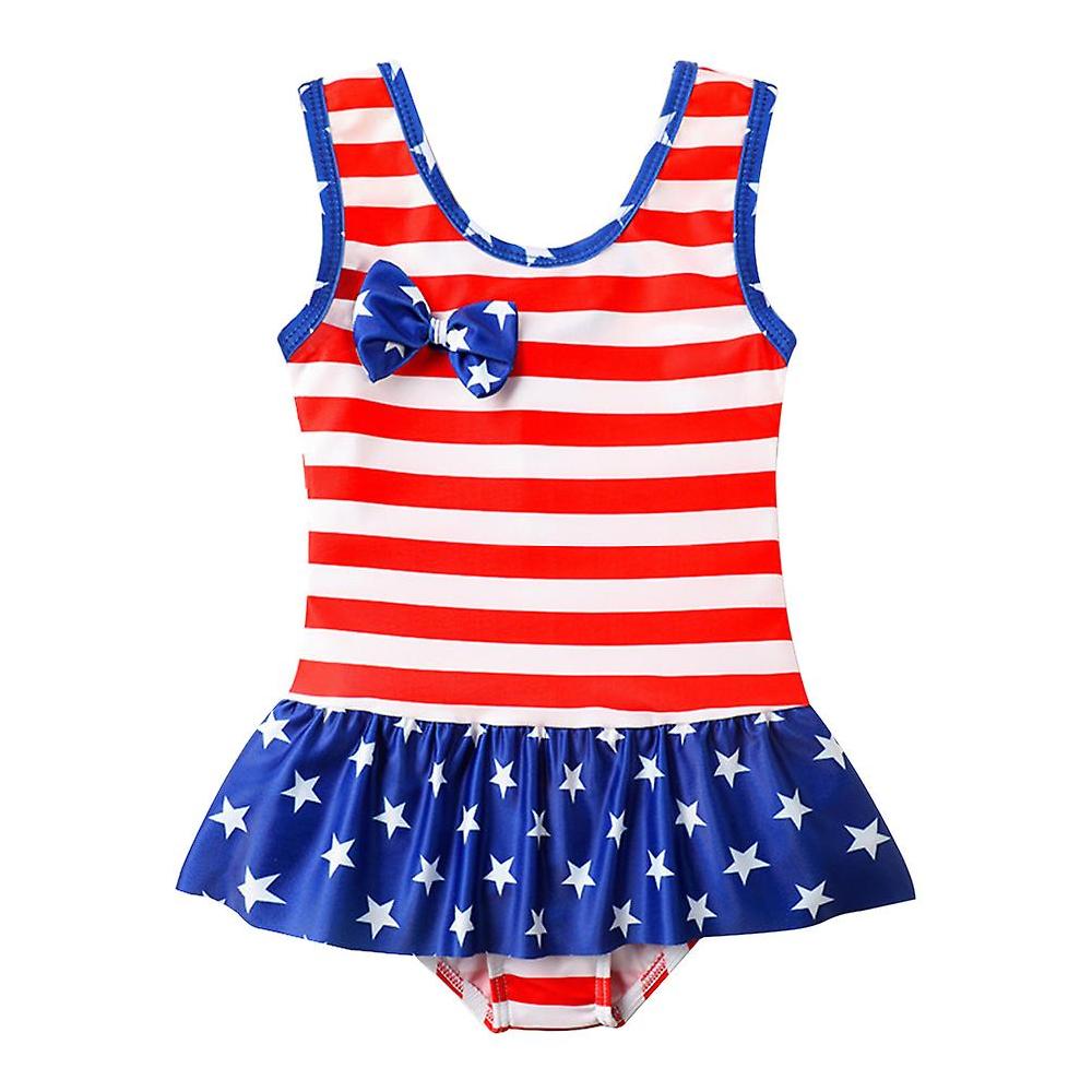 America Flag Swimsuit Flouncing Lace Swimwear Baby Girl One-piece Swimsuit (6T 6-8 Years Old)