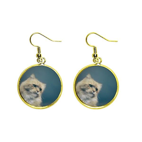 Animal Blue Cat Photograph Shoot Ear Dangle Golden Drop Earring Jewelry Woman