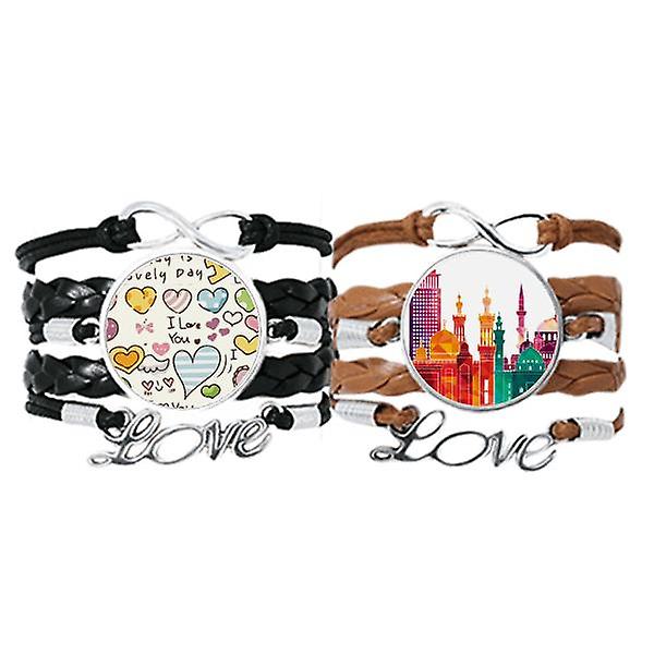 Antico Egitto Morden City Pattern Braccialetto Mano Cinturino Pelle Love Pattern Wristband Double Set