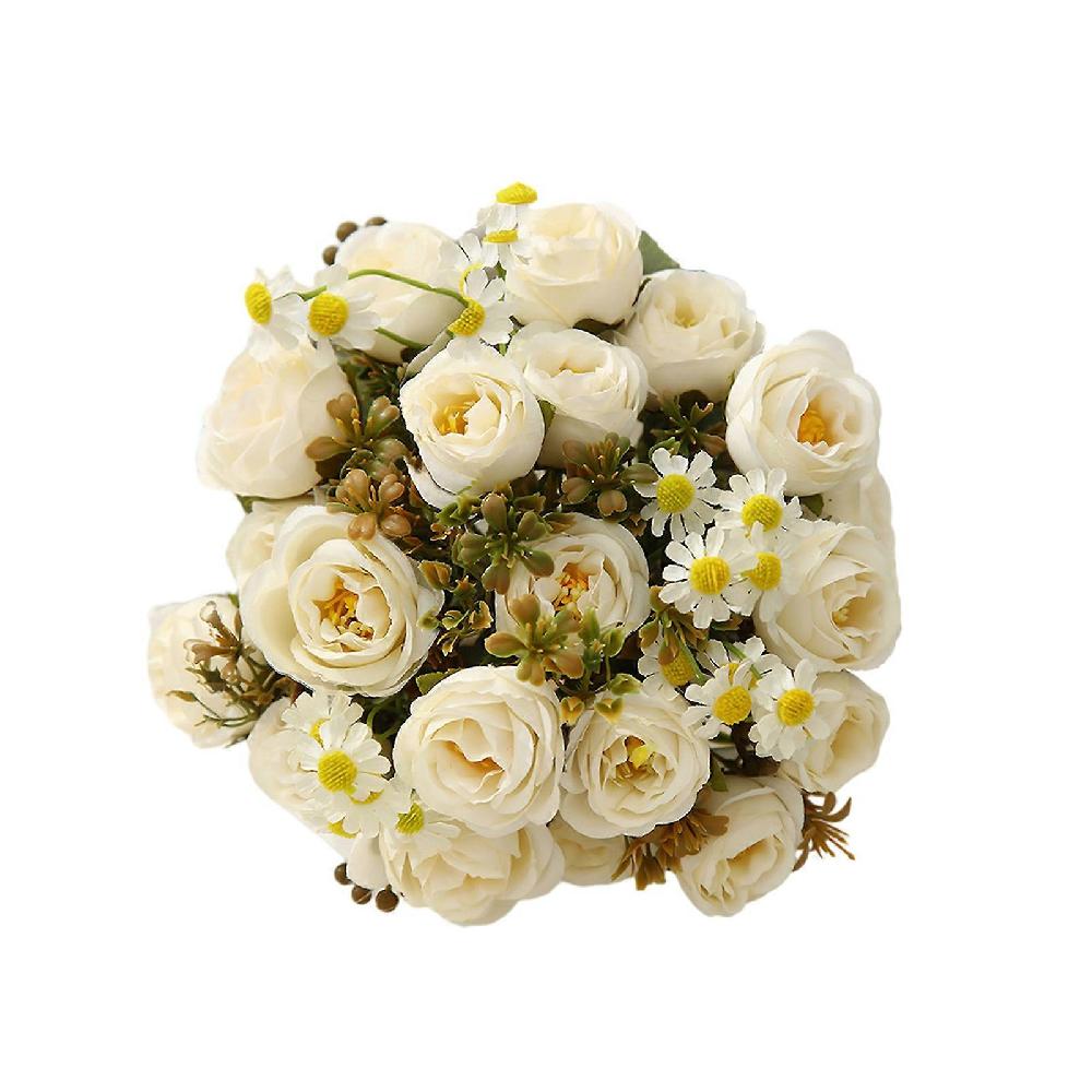 Artificial Flower Bouquet with Rose Chamomile Green Leaves Realistic Reusable Non-withering Home Wedding Party Faux Floral Plant Decoration Photo Prop
