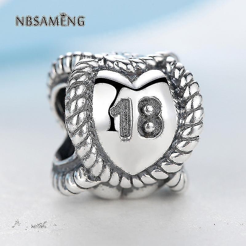 Authentic 100% 925 Sterling Silver Number 18 Love Heart Birthday Anniversary Gift Eighteen Charm Fit Bracelets & Bangles