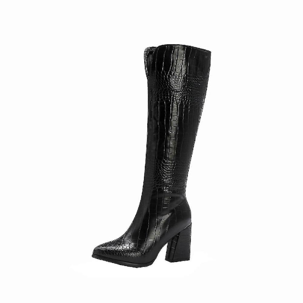 Autumn And Winter Thick High-heeled Pointed Toe Slim Boots Side Zipper Print Warm High-top Boots