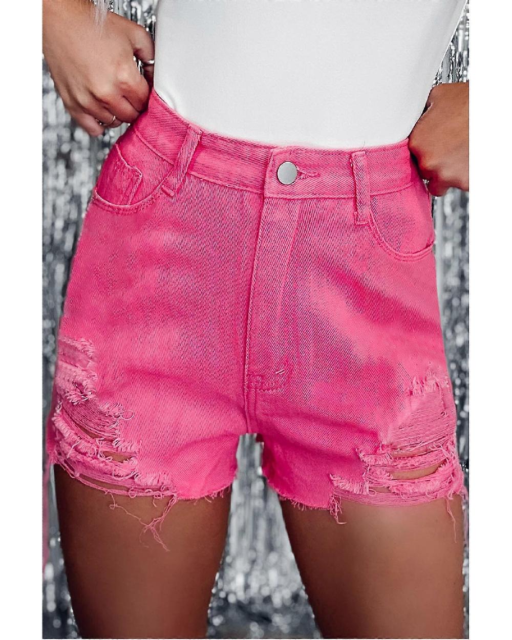 Azura Exchange Women's High Waist Denim Shorts with Frayed Hem - Pink