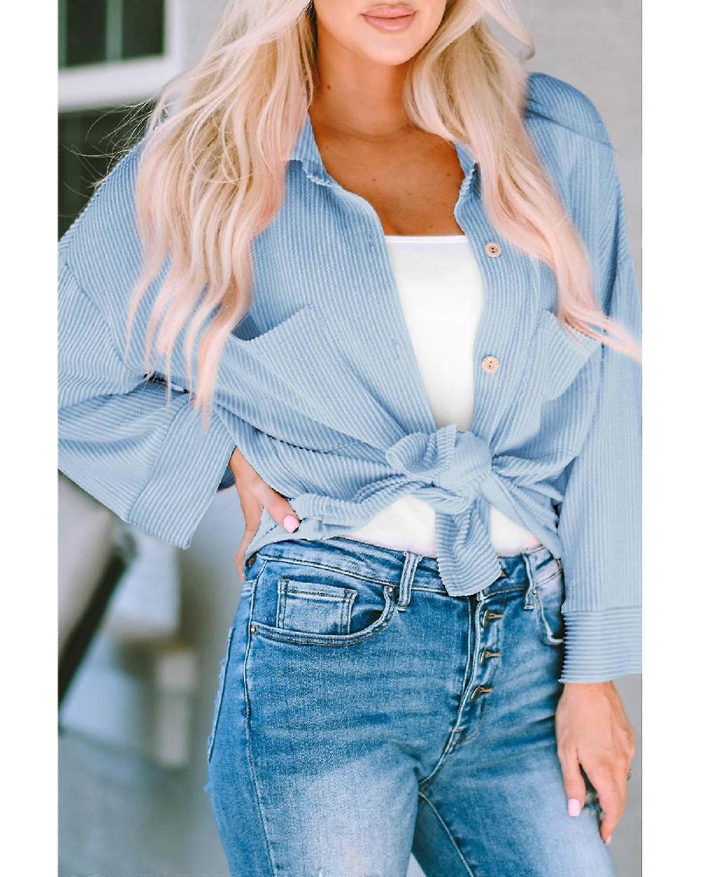 Azura Exchange Womens Light Blue Corduroy Shirt