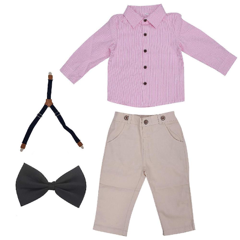 Baby Boy Gentleman Outfit Children Exquisite Stripe Shirt Suspender Pants Bow Tie Suit SetPink 100cm