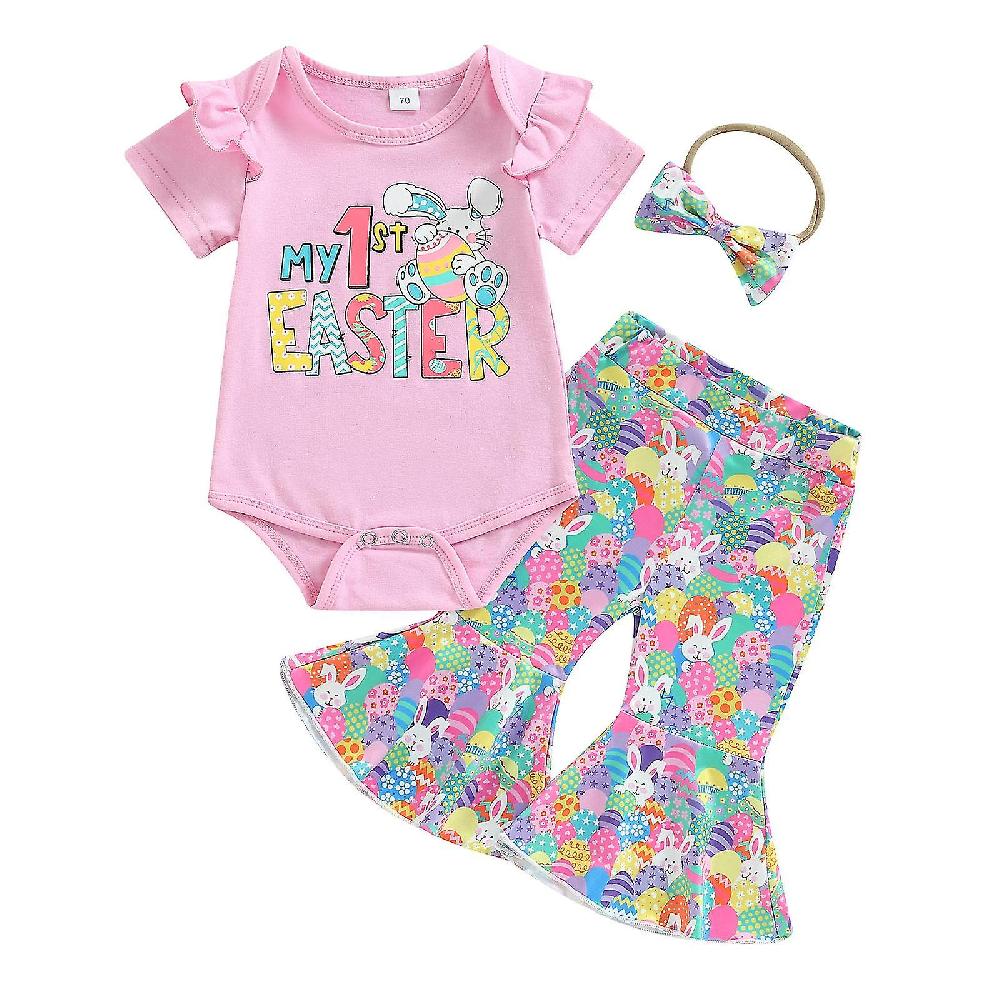 Baby Girls Summer Casual Outfits Cute Bunny Print Romper With Bell-bottom Pants Headband For Easter Birthday Party Daily Wear