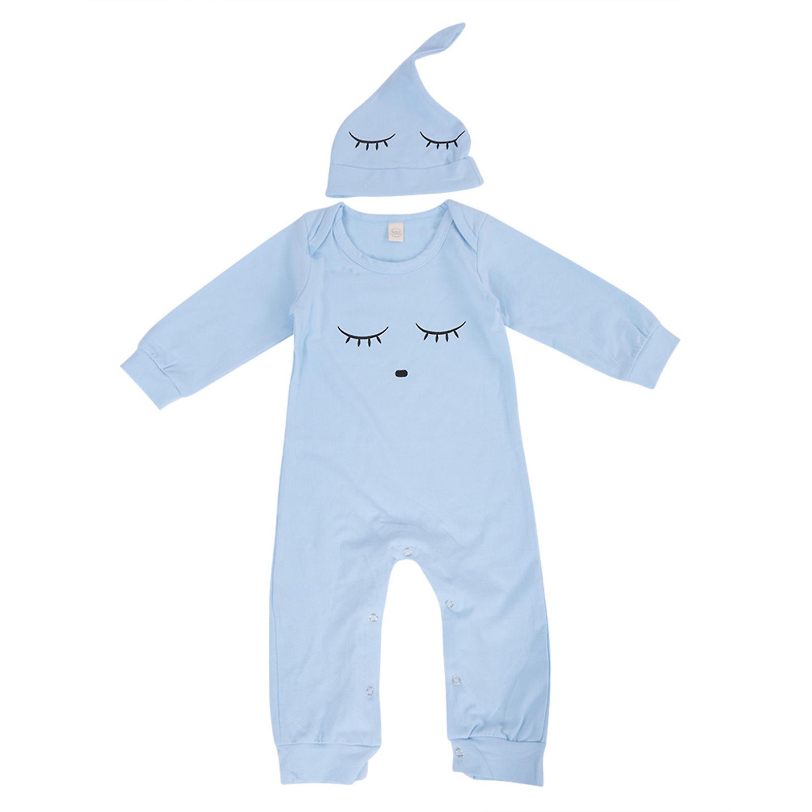 Baby Jumpsuit Long Sleeve Sky Blue Cartoon Baby Bodysuit With Hat (100)