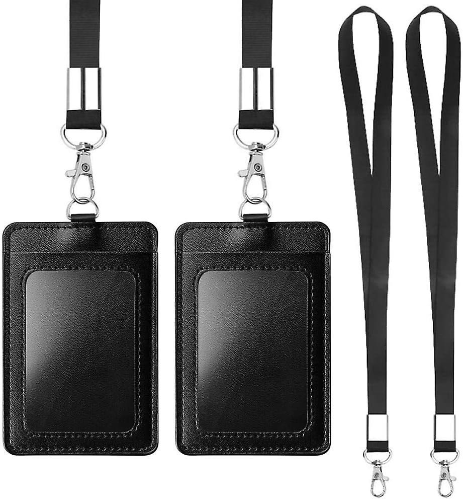 Badge Holders Vertical Pu Leather Id Badge Card Holders With Clear Id Window And Detachable Neck Lanyardblack2 Pack