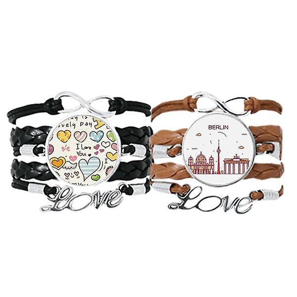 Berlino Germania Flat Landmark Pattern Braccialetto Cinturino A Mano Pelle Love Pattern Wristband Double Set