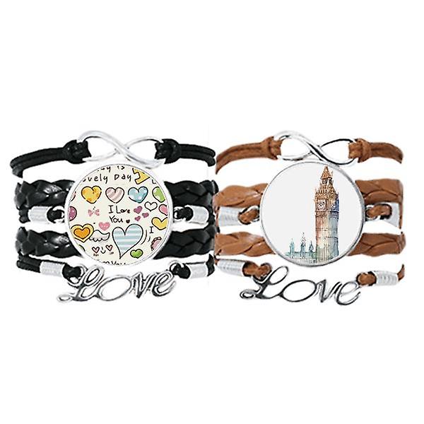 Big Ben In Gran Bretagna Art Deco Fashion Braccialetto Mano Cinturino Pelle Love Pattern Wristband Double Set