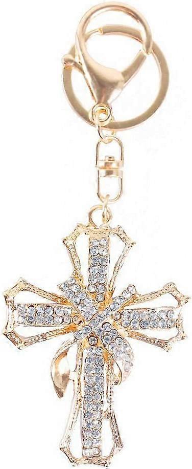 Blessed & Holy Cross Keychain Keyring Crystal Rhinestones Car Bag Purse Charm Pendant (Gold)