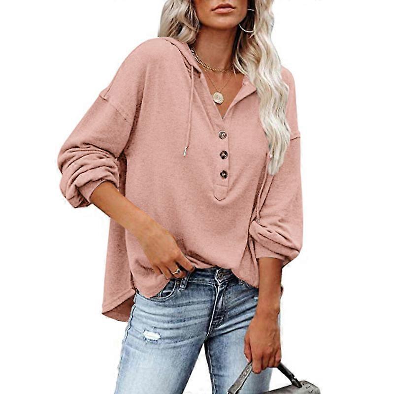 Blouse Long Sleeve V Neck Button Pure Color Casual Fashionable Hooded Tops for Women Pink M