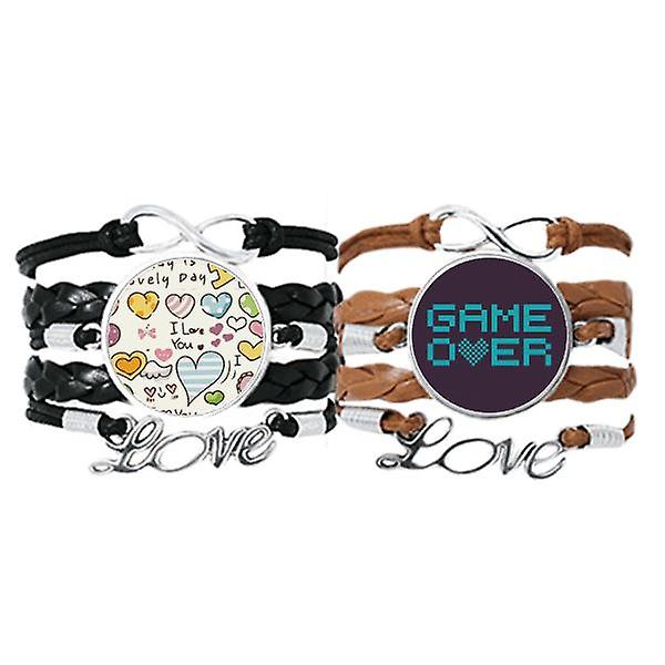 Blue Game Over Pixel Art Deco Fashion Bracelet Hand Strap Leather Love Pattern Wristband Double Set