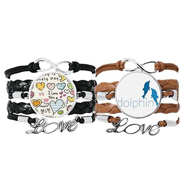 Blue Ocean Docile Two Dolphin Bracelet Hand Strap Leather Love Pattern Wristband Double Set